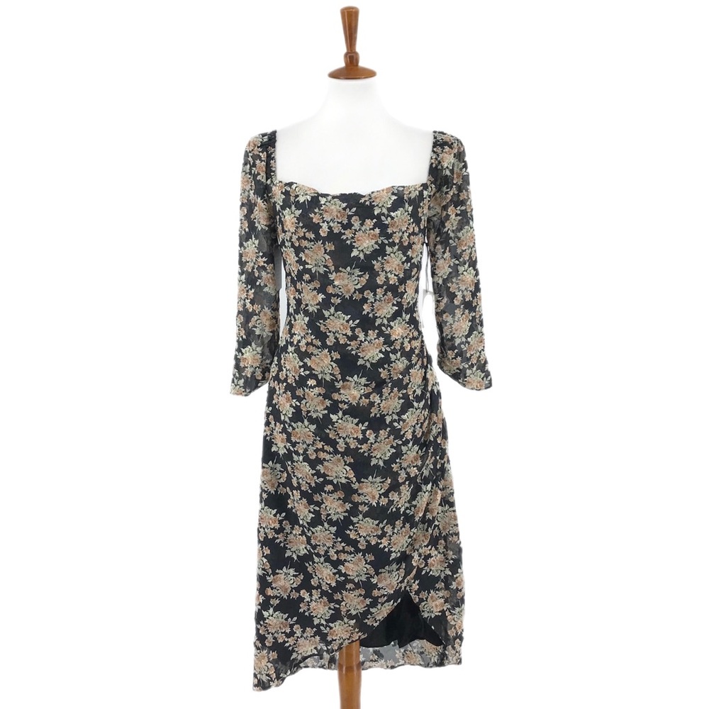 Floret Studio Black Floral Print Midi Dress Short Sleeve Draped Front Size Small